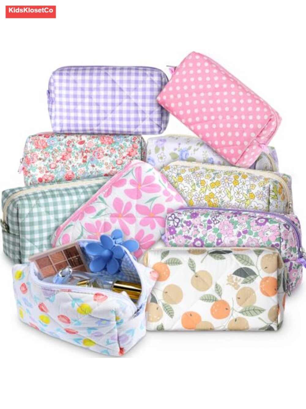 Set of 10 Floral Quilted Cotton Makeup Bags with Zipper Travel Cosmetic
